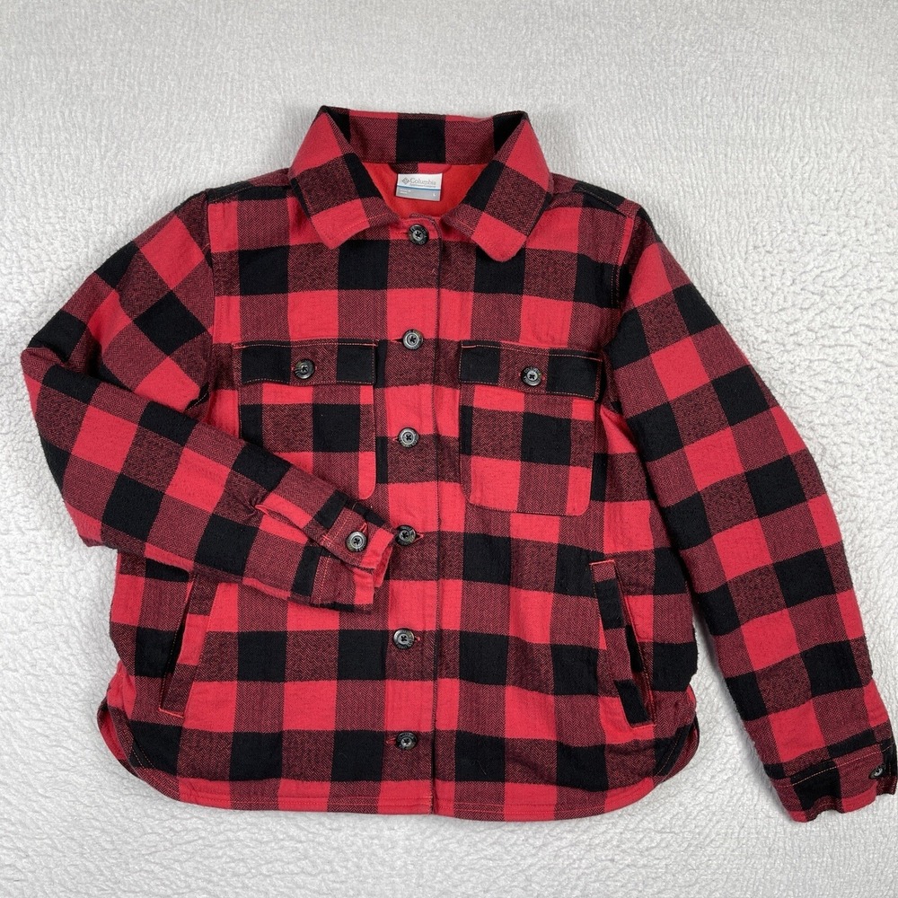 Columbia Shirt Womens Large Red Lumberjack Plaid Fleece Lined Outdoors *Hole*